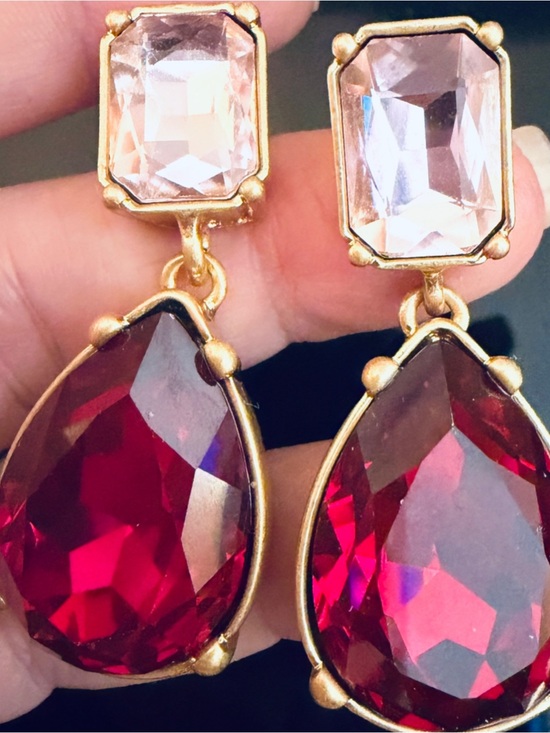 Oscar de la Renta Jewelry - Oscar de la Renta Crystal Drop Teardrop Earrings Ruby Pink SIGNED Pierced/POST